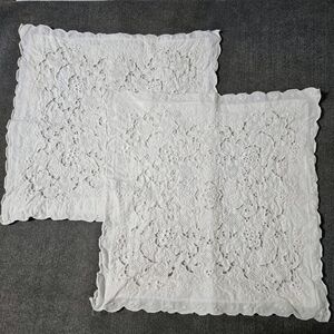 2 Vtg Lace Eyelet Pillow Shams Cotton Floral 14x14" Cottage Farmhouse